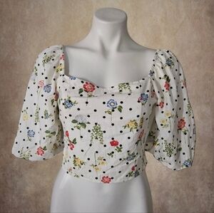 Francescas Mi Ami  Polka dot floral milkmaid puffsleeve crop top M